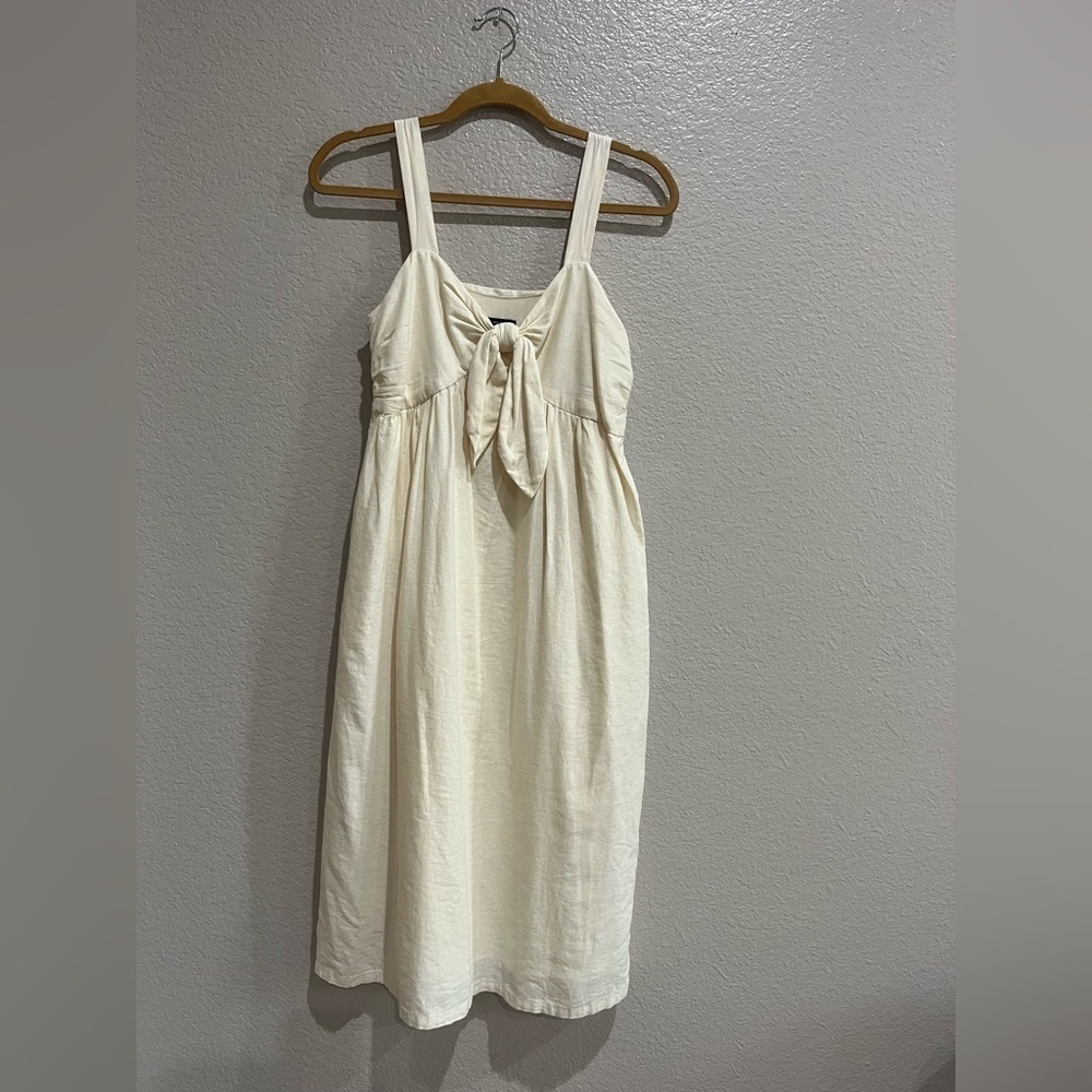 Who What Wear Dress Womens XS Cream Linen‎ Blend Empire Waist Pockets Bow Lined